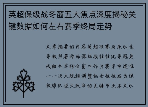 英超保级战冬窗五大焦点深度揭秘关键数据如何左右赛季终局走势